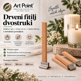 Drveni fitilj dvostruki debljina 1mm širina 1,6 cm dužina 130 mm s metalnim postoljem  10-50-100 kom.