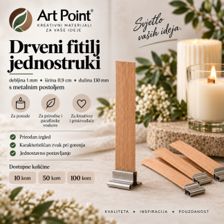 Drveni fitilj 2 debljina 1mm širina 0,9 dužina 130 mm s metalnim postoljem  10-50-100 kom.