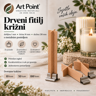 Drveni fitilj križni debljina 1mm širina 14mm dužina 130 mm s metalnim postoljem  10-50-100 kom.
