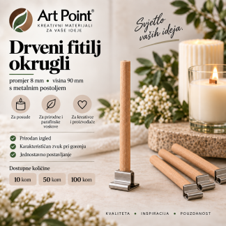 Drveni fitilj okrugli promjer 8mm visina 90 mm s metalnim postoljem  10-50-100 kom.